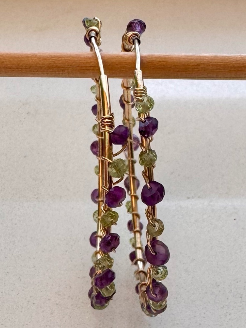 Beautiful 14k GF Amethyst & Peridot Wire-Wrapped Hoop Earrings - Picture 4 of 6